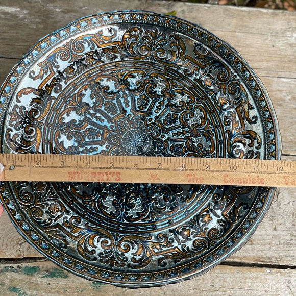 Antiqued Blue Silver Foil Embossed Glass Cake platter - Picture 7 of 16